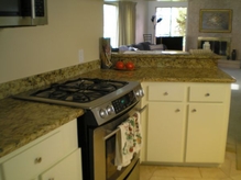This project included new granite countertops, a new gas range with oven and a microwave. The cabinets were painted and new hardware was installed.