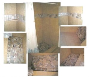 Bathroom Remodeling Medium Brown Granite Shower with Dark and Light Granite Mosaic Stripe and Floor Collage