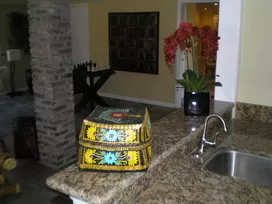 Wet Bar with New Granite Countertop, Faucet, Sink, Cabinets, Drink Ledge and White Paint