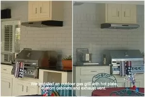 Gas Grill, Cabinets, Granite Countertops, Exhaust Vent and Side Burner. Home Improvement and Home Remodeling.